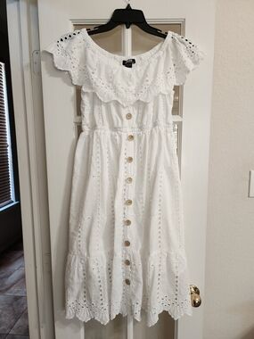 NAOO White Eyelet Off Shoulder 100% Cotton Boho Midi Summer Dress Large
